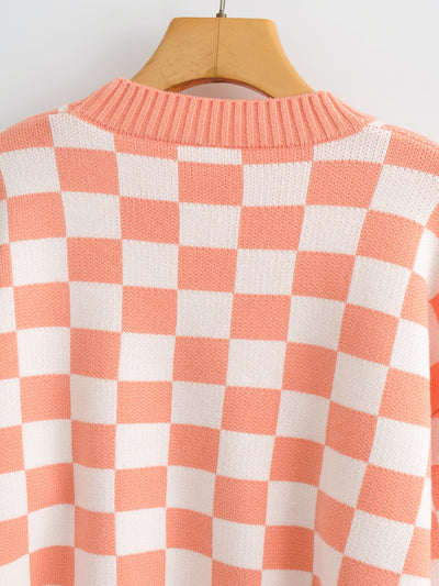 Japanese loose retro cropped sweater screw neck checkerboard plaid patchwork pattern pink pullover vest