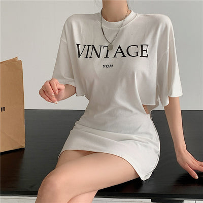 Korean street trendsetter vintage retro dress loose top tight fit skirt letter print long shirt streetwear