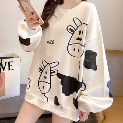2021 Spring Loose Fit Korean Style sweatshirt milk cow cartoon print pullover for women