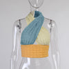 Tri-color neck halter vest wrap contrast color cami ruched knitted vest