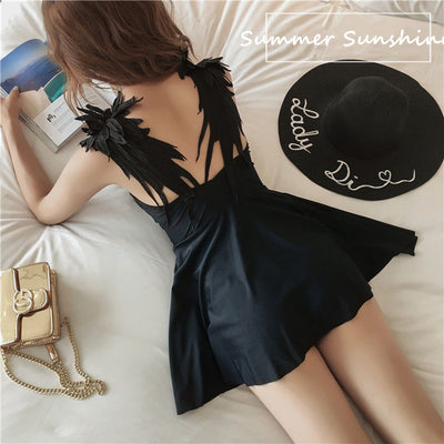 Low cut back with feather wings one piece swimdress sexy swimsuit tight belly monokini tankini for girls