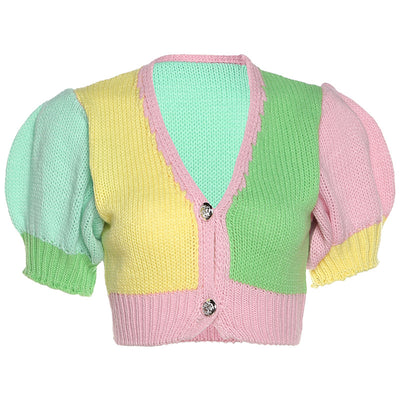Splicing rainbow V neck cardigan princess sleeves dew umbilical knitted vest sweatshirt women TEE