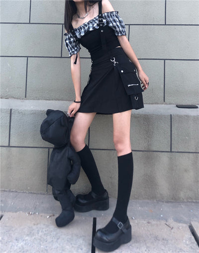 Strapy false 2 pc T-shirt Harajuku style sub splicing plaid bubble sleeve off shoulder top slim fit cargo skirt