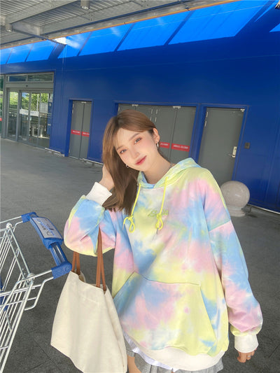 Exotic tie-dye embroidered letter casual style hooded sweatshirt kawaii pastel color