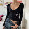 V-neck slim fit cropped casual top short T shirt with metal buckles high waist women top