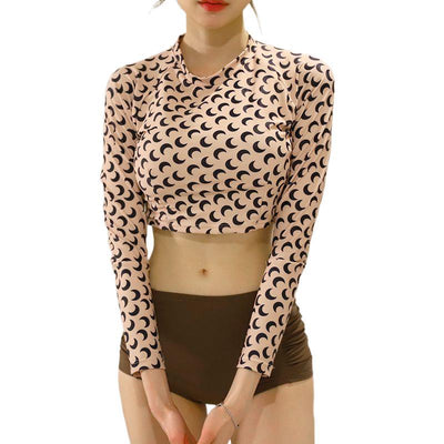 Kpop Jennie sexy crop top long sleeve crescent print split bikini swimsuit