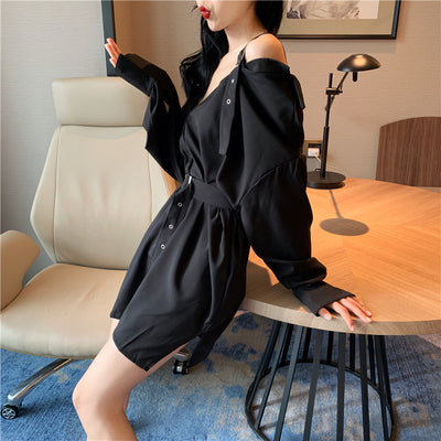 Off shoulder long straps sexy mini dress collarbone sexy long shirt with belt