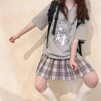 Loose front shoulder comic girl Japanese fonts prints gray white short sleeves T-shirt