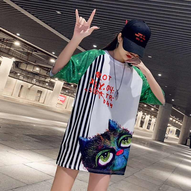 Hip Hop oversize streetwear TEE Long sequined T-shirt Stripes Cat graffiti