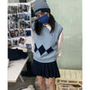 Early autumn Korean style simple color contrast argyle plaid knitted vest loose thin sleeveless sweater
