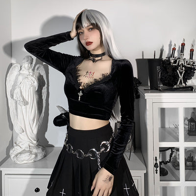 Lace basic for gothic dressing long sleeve velvet stitching shirt crop top pullover