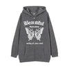 Dark gothic cardigan sweatshirt beautiful butterfly zipper placket streetwear fleece hoodie