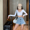 Wide leg distressed hot pants ultra-high waist double buttons loose fit A-line denim shorts