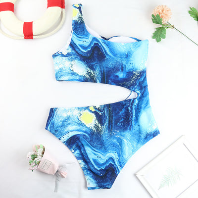 one-piece tie dye printed bikini wave pattern hollow cut swimsuit monokini