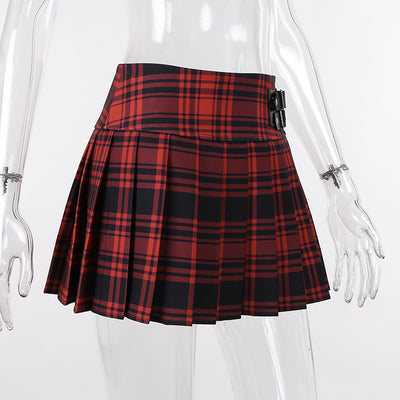 Contrast plaid leather petite belt pleated Japanese JK uniform high waist slim ultra short splicing skirt