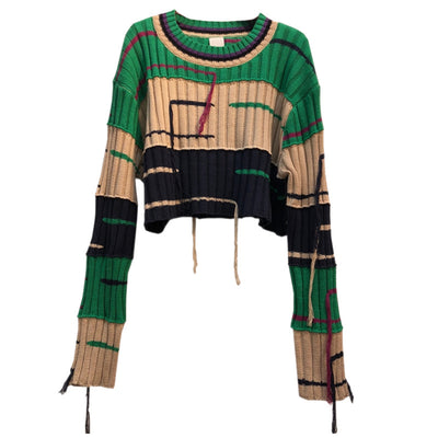 Splicing stitching striped tassels pullover sweater Korean casual knitted top