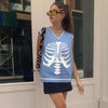 Skeleton sternum print contrast color V-neck sleeveless knitwear woolen sweatshirt college style