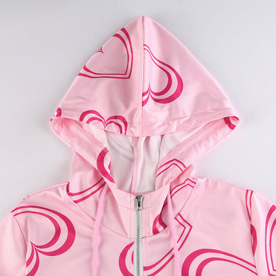 Blogger sweet pink sports overall spicy love hearts prints one-piece jumpsuit zipper cardigan hooded shirt