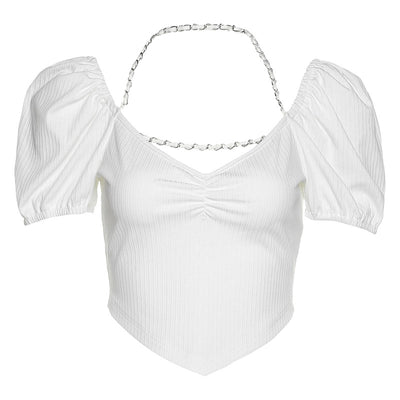Sexy halter backless ribbon chains princess sleeves asymmetric hem slim fit V-neck short party shirt