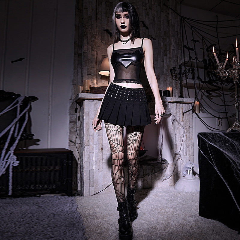 Gothic trendy rivet band highly elastic black pleated skirt for