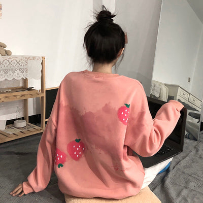 2022 new kawaii tie-dyed water paint pastel strawberry prints warm round neck sweatshirt