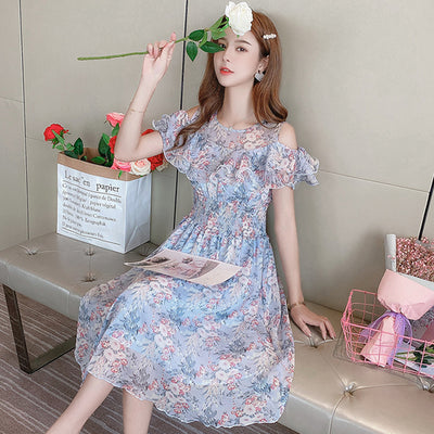 2022 Chiffon floral summer dress off shoulder slim waist French design fairy ruffle dress raglan sleeves