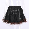 Dark gothic hollow lace fluffy layers cupcake skirt high waist leopard trim with chain