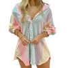 Tie dye rainbow stripes butterfly prints splicing design button placket trendy women blouse V-neck printed shirt plus size
