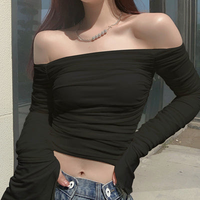 Sexy off shoulder slim fit mesh flare sleeves long sleeved dew umbilical pleated T-shirt women blouse