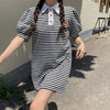 French polo collar embroidery strawberry women dress stripes striking color short sleeves skirt