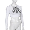 Charakter schickes Brustbein Skelett Totenkopf-Print langärmeliges T-Shirt im europäischen Stil durchscheinendes Top