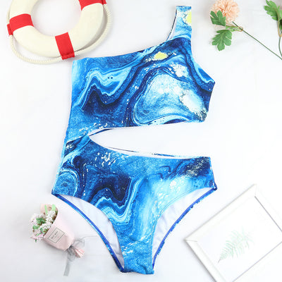 one-piece tie dye printed bikini wave pattern hollow cut swimsuit monokini