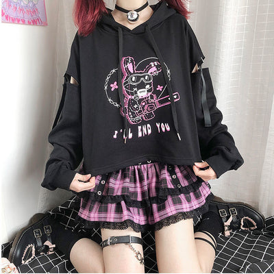 Chainsaw crazy rabbit kawaii grunge style dark gothic hooded short sweater splicing belt hollowed split sleeves