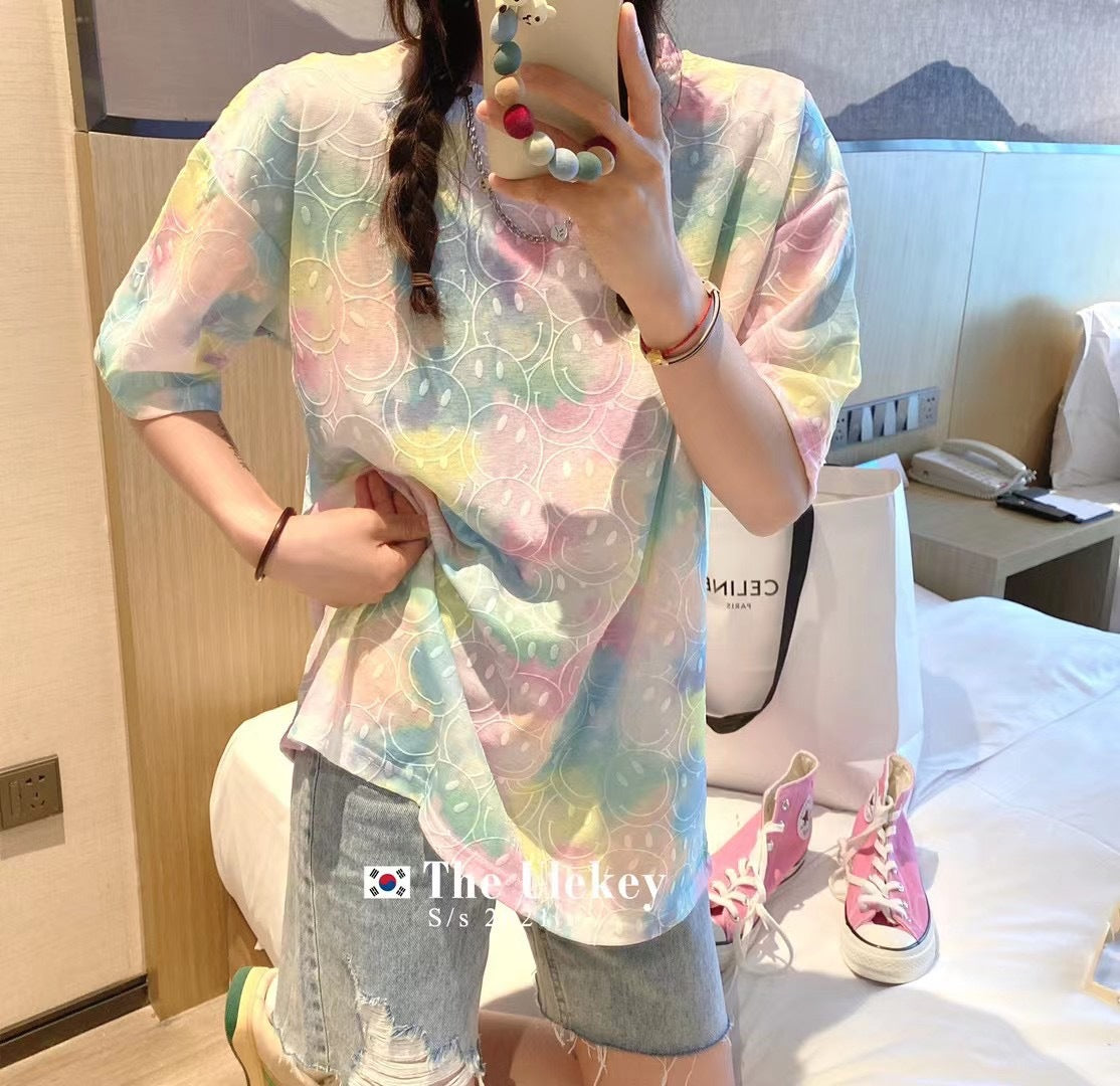 Tie dye smiley Korean design fashion casual T-shirt women streetwear all smiling face