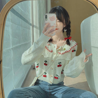 Heavy handmade Japanese Style Cherry Hollow design Jacquard Cardigan Knitwear Short Sweater Top