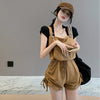 Pleated laceup strappy pants 2022 women summer playsuit high-waisted shorts wide-legged Korean style