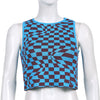 Plaid contrast color asymmetric geometry grid slim round neck vest knitwear sleeveless crop top sweatshirt