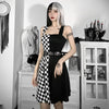 Splicing black and white checkered plaid contrast stitching strappy basic dress for gothic women