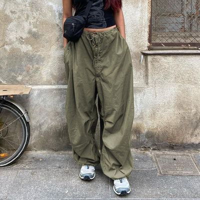 2022 wide leg mid-waist cargo pants loose multi-pockets retro drawstring pleated sweatpants