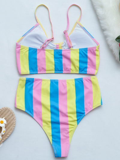 Striped prints split swimsuit sexy bikini laceup swimwear