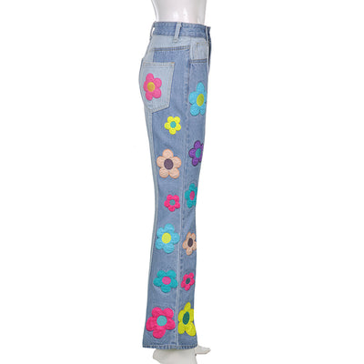 Splicing high waist trousers patch embroidered flower contrast color flared pants denim jeans