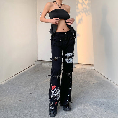 2022 dark gothic printed denim cargo pants bandages button holes eyelets pockets chic jeans high waist trousers