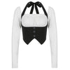 Halter neck T-shirt French court style B/W contrast stitching fake 2pc long sleeves shirt