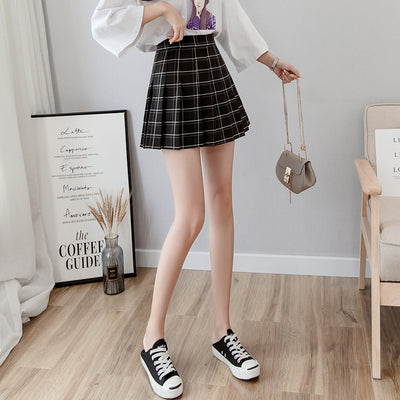 retro kawaii college outfit high-waisted grid print plaid pleated skirt for girls
