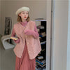 Kawaii faux lamb fur hairy pink plaid fold vest Korean european style loose waistcoat pleated long skirt T-shirt set