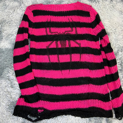 European gothic punk distressed long sweater striped loose horror prints knitwear