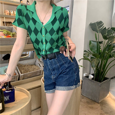 2022 Summer plaid checkered knitted cardigan women top loose polo shirt one size