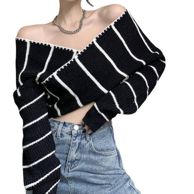 Sexy off shoulder cross chest striped sweater niche design dew umbilical