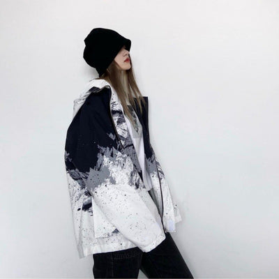 Japanese Korean snow mountain printed coat loose hooded jacket windbreaker with lining kawaii streetwear OOTD