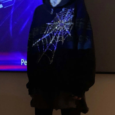 Spider web long-sleeved hooded jacket loose fit casual streetwear women cardigan hoodie